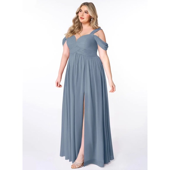 Size 12 Azazie Lianne A-Line Off the Shoulder Chiffon Dress - Twilight Color - Picture 3 of 12
